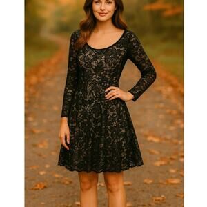 NWT Nordstrom 18 B Smart Sequin Lace Fit&Flare Dress $139 Long Sleeve Nude Black